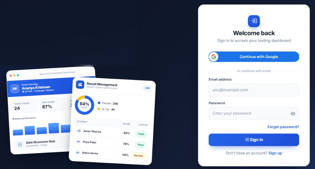 Poorit IntelliTest Hub: a student dashboard with test results beside the platform sign-in screen
